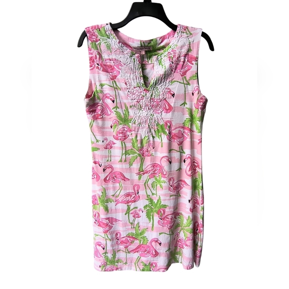Barbara Gerwit Vintage Colorful Flamingo Embroidered Sleeveless Mini Dress L